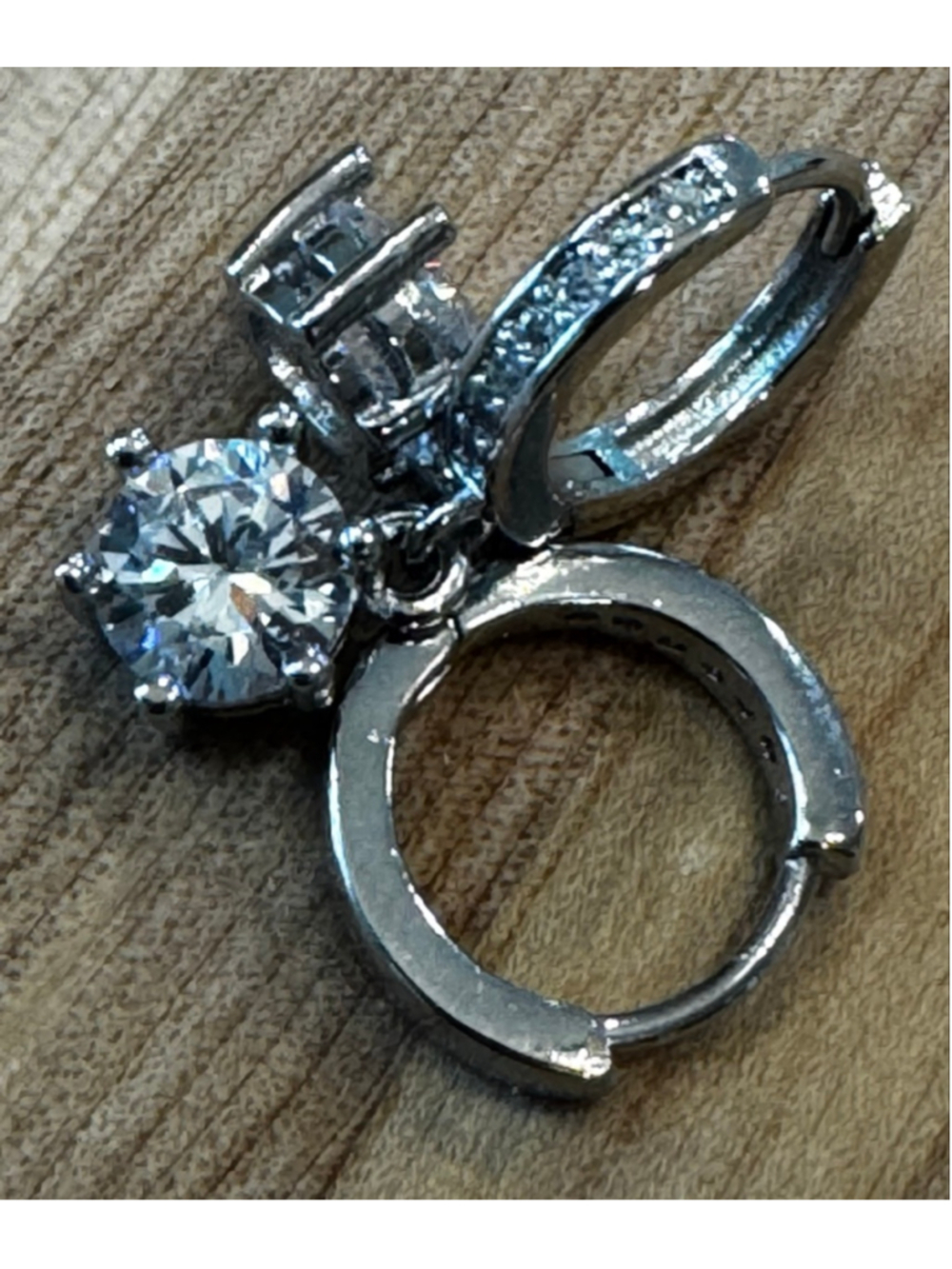 Silver Tone CZ Huggie Hoop Earrings Dangle Solitaire Crystal